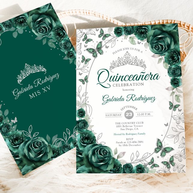 Invitación Emerald Green Silver Floral Quinceanera (Subido por el creador)