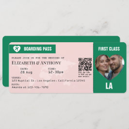Invitación Emerald Green & Soft Blush Boarding Pass Wedding