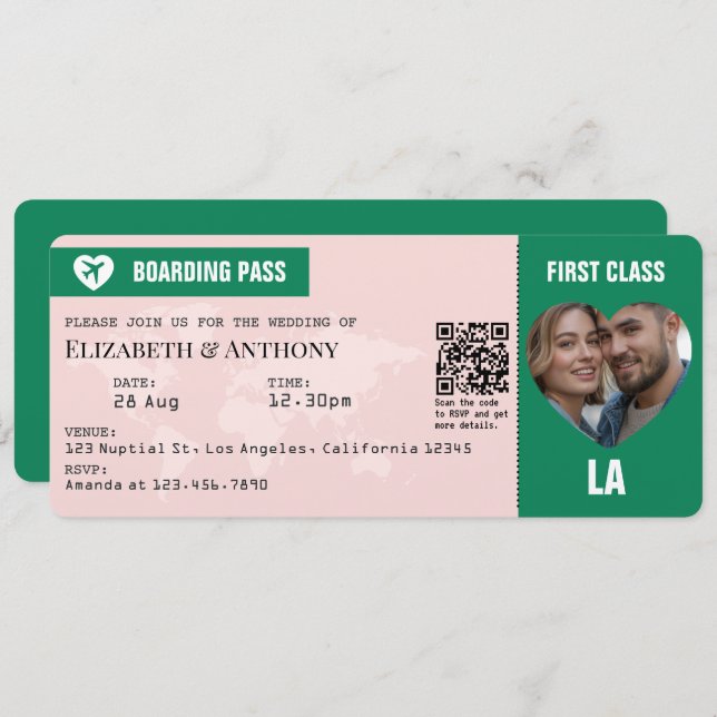 Invitación Emerald Green & Soft Blush Boarding Pass Wedding (Anverso / Reverso)