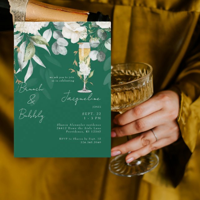 Invitación Emerald Green White Floral Brunch & Bubbly (Subido por el creador)