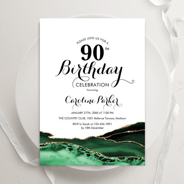 Invitación Emerald Green White Gold Agate 90 cumpleaños (Subido por el creador)