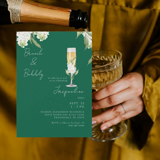 Invitación Emerald Green White Hydrangeas Brunch & Bubbly (Subido por el creador)