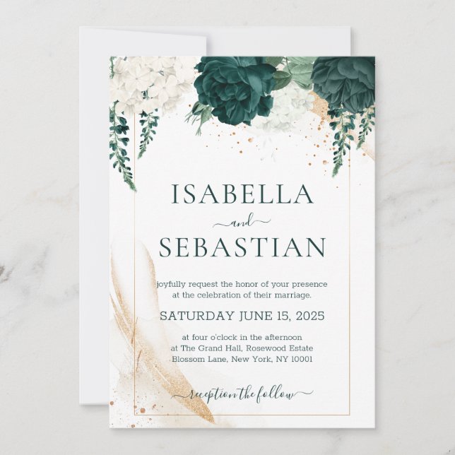 Invitación Emerald Green & White Rose Floral Budget Wedding (Anverso)