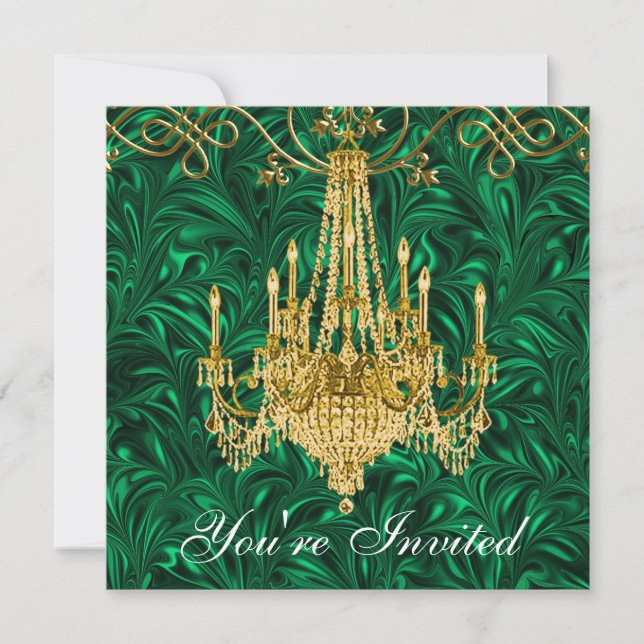 Invitación Emerald Kelly Green Gold Chandelier Fiesta (Anverso)