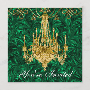 Invitación Emerald Kelly Green Gold Chandelier Fiesta