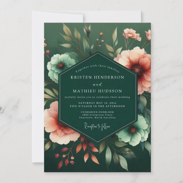 Invitación Emerald Peach Flora Wedding (Anverso)
