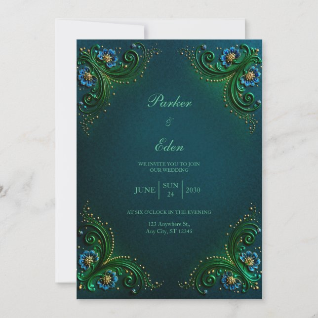 Invitación Emerald Sapphire Filigree Wedding (Anverso)