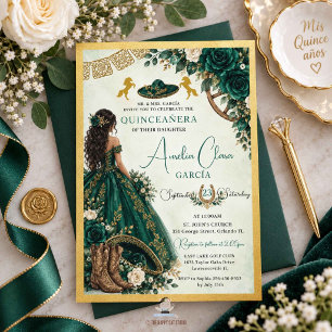 Invitación Emerald Verde Blanco Floral Charro Quinceañera
