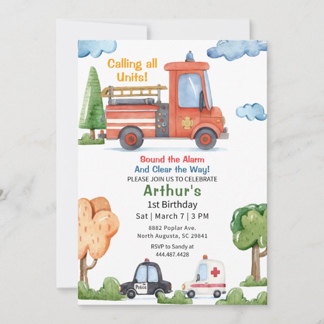 Invitación Emergency Vehicles Firetruck Birthday (Anverso)
