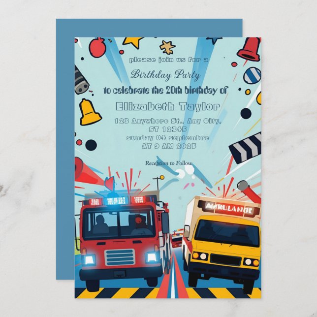 Invitación Emergency Vehicles party  invitation    (Anverso / Reverso)