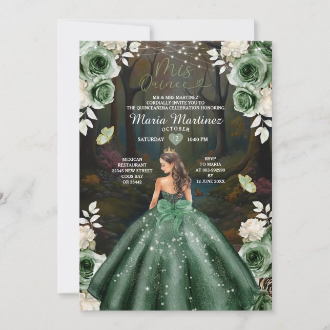Invitación Emerlad Green Princess Forest Mis Quince (Anverso)