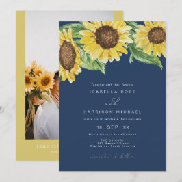 Invitación EMMA Boda de girasol de color azul de la marina ru