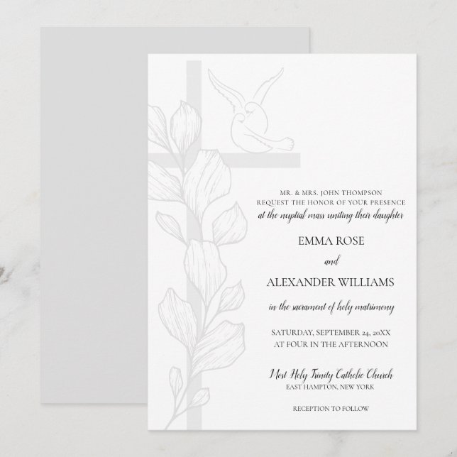 Invitación Emma Elegant Cross & Doves Boda católico (Anverso / Reverso)