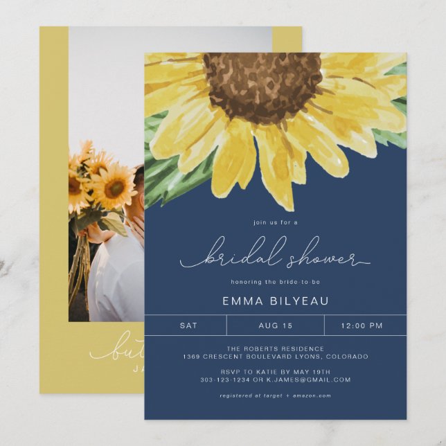 Invitación EMMA Rústica Azul Girasol Floral Bridal Ducha (Anverso / Reverso)