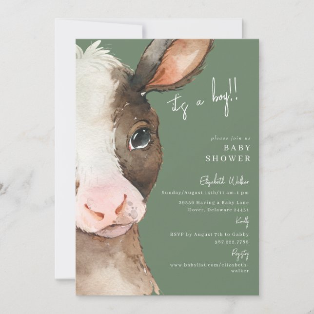 Invitación Emocionante verde en vaca pronto es un niño Baby S (Anverso)
