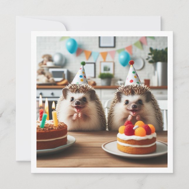 Invitación Emocionantes erizos celebrando su cumpleaños con t (Anverso)