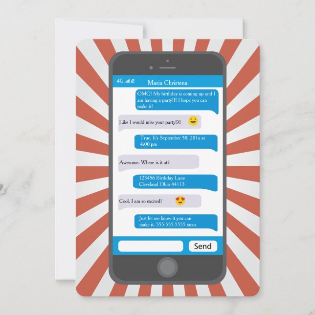 Invitación Emoji de Smartphone Adolescente enviando invitació (Anverso)