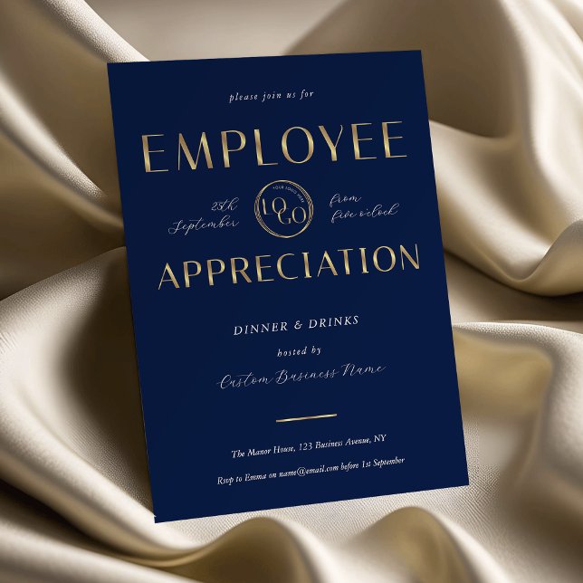 Invitación Employee Appreciation Navy & Gold Logo Business (Subido por el creador)