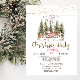 Invitación Empresa de Navidad Bosque, Trineo, Luces Doradas