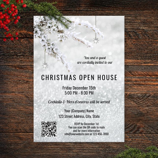 Invitación Empresa de Navidades de nieve abierta QR en casa (Christmas open house party invitation with an elegant silver snow design and QR code template)