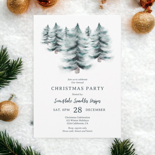 Invitación Empresa de Navidades de Pines Rustic Blue Winter (Rustic Blue Winter snowy Pines Christmas corporate Invitation)