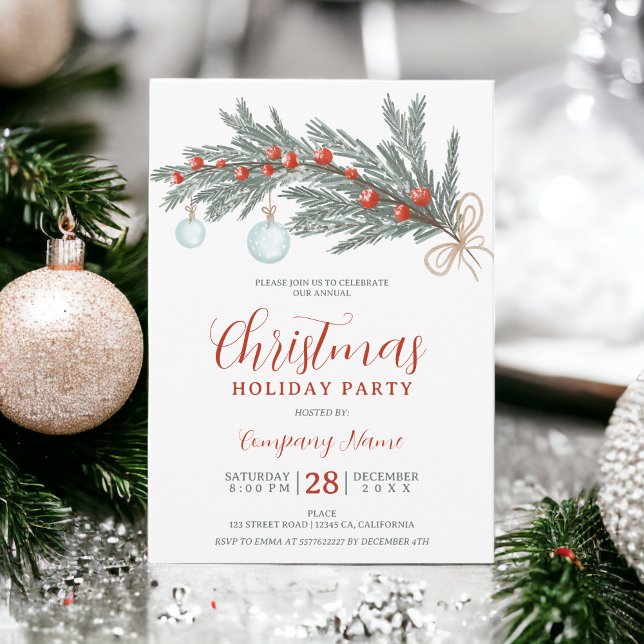 Invitación Empresa de Navidades rojos de pino verde ruso (Rustic green pine red Christmas company corporate Invitation)
