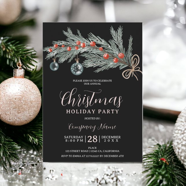 Invitación Empresa de Navidades rojos de pino verde ruso (Rustic green pine red Christmas company corporate Invitation)