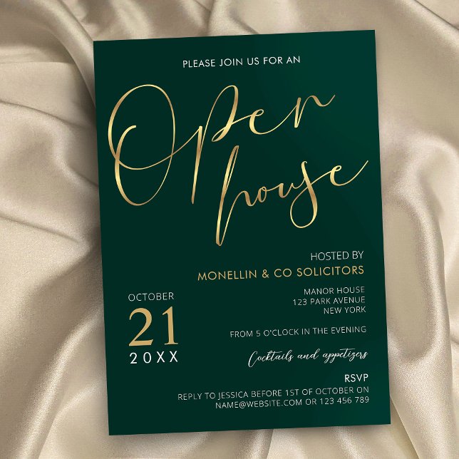 Invitación Empresario elegante de Empresarios de Emerald Gree (Professional company open house event green and gold calligraphy invitations for business)