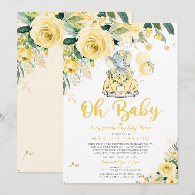 Invitación Emulación De Baby Shower Con Elefante Neutral De G (Anverso / Reverso)