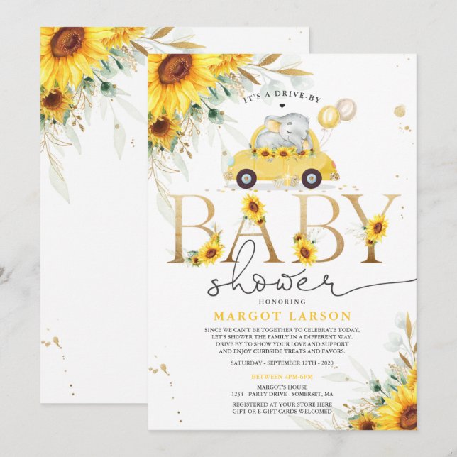 Invitación Emulación De Baby Shower Con Elefante Neutral De G (Anverso / Reverso)