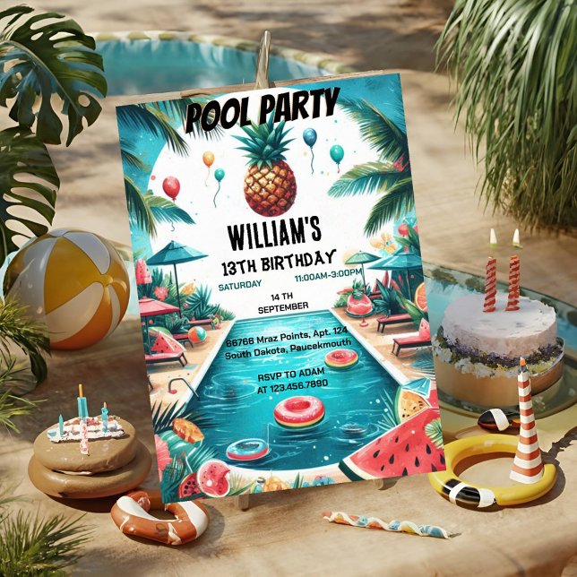 Invitación en agua de niño azul Guay Pool Fiesta 13 cumpleaño (Subido por el creador)