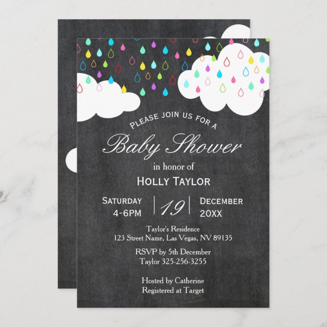 Invitación en Baby Shower a arcoiris y nubes (Anverso / Reverso)