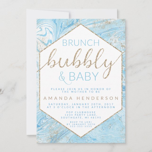 Invitación en Baby Shower a Baby Brunch Blue Marbl (Anverso)