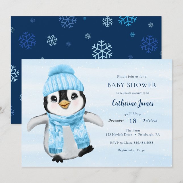 Invitación en Baby Shower a Blue Winter Penguin (Anverso / Reverso)