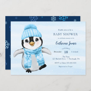 Invitación en Baby Shower a Blue Winter Penguin