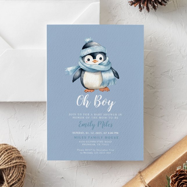 Invitación en Baby Shower a Blue Winter Penguin (Subido por el creador)