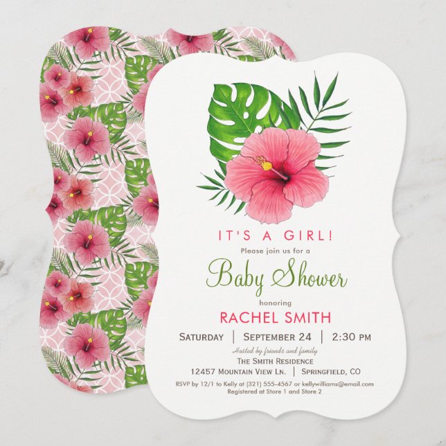 Invitación en Baby Shower a Chica de Flor Rosa Hib (Anverso / Reverso)