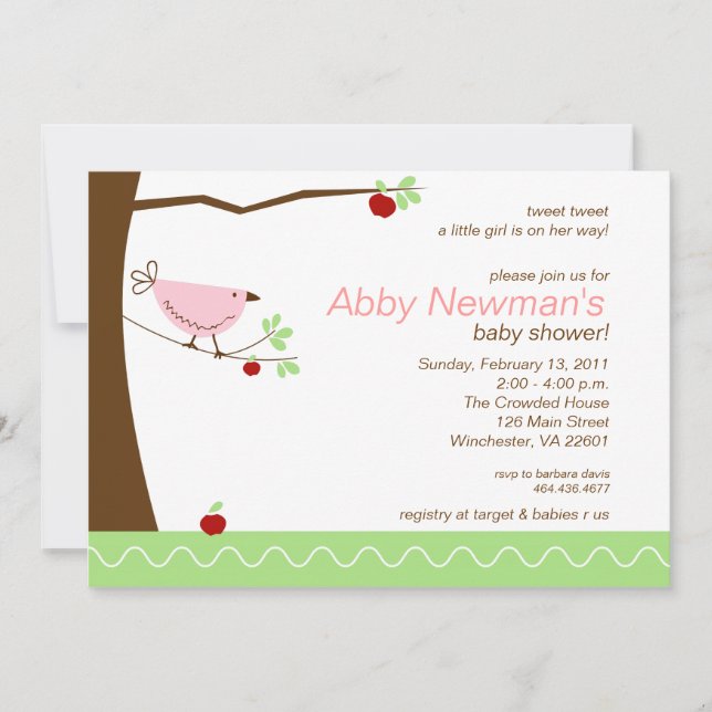 Invitación en Baby Shower a Chica de pájaro rosa t (Anverso)