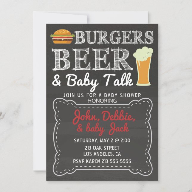 Invitación en Baby Shower a hamburguesas, cerveza  (Anverso)
