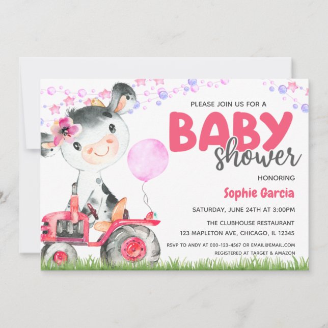 Invitación en Baby Shower a la bebé joven vaca de  (Anverso)