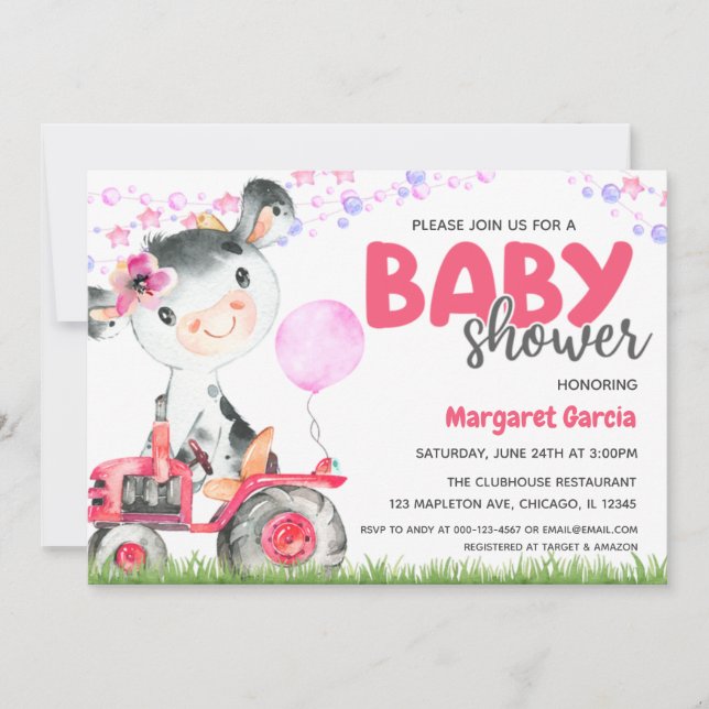 Invitación en Baby Shower a la bebé joven vaca de  (Anverso)