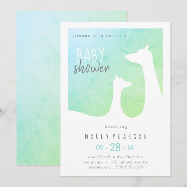 Invitación en Baby Shower a la bebe verde y azul (Anverso / Reverso)