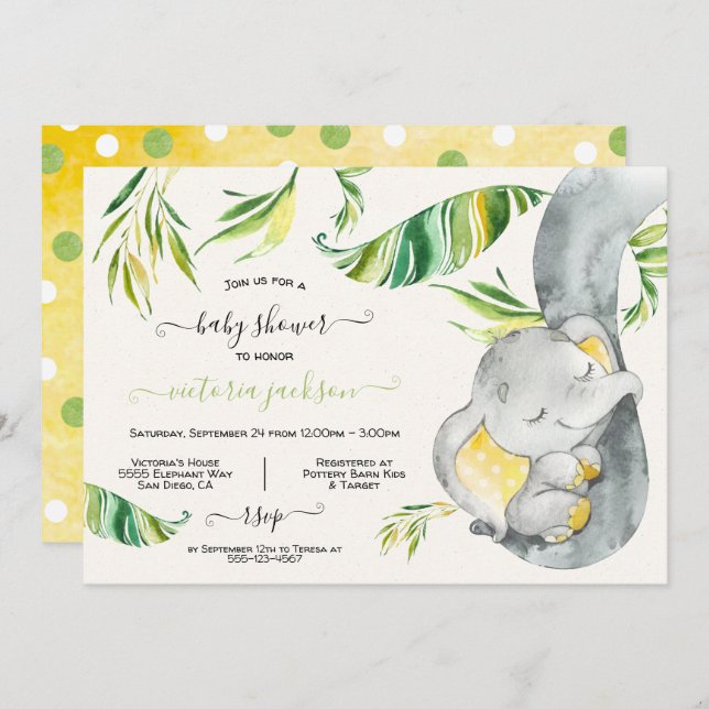Invitación en Baby Shower a la jungla de elefantes (Anverso / Reverso)
