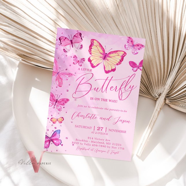 Invitación en Baby Shower a la mariposa rosa Glam (Subido por el creador)