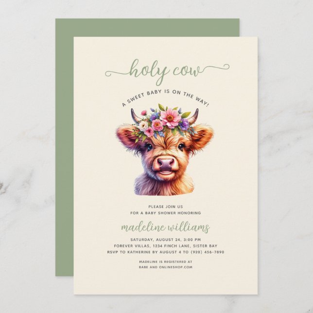 Invitación en Baby Shower a la vaca silvestre (Anverso / Reverso)