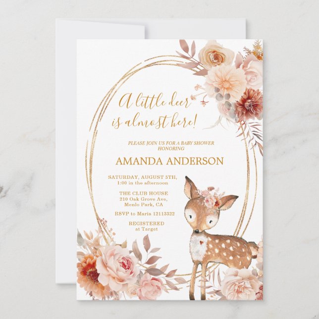 Invitación en Baby Shower a Little Deer Beige Flor (Anverso)