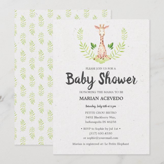 Invitación en Baby Shower a Little Giraffe (Anverso / Reverso)