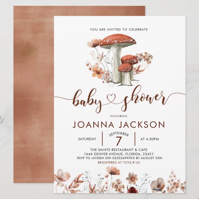 Invitación en Baby Shower a los hongos hongos del  (Anverso / Reverso)