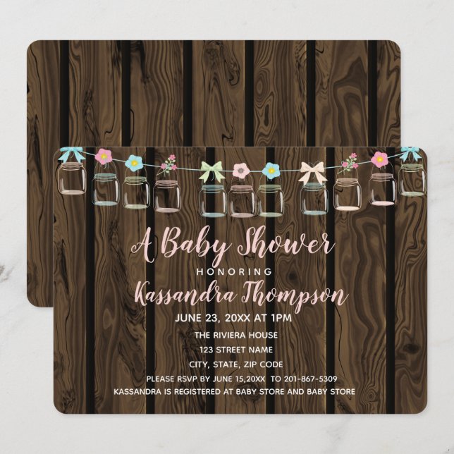Invitación en Baby Shower a Mason Jar Rústico de M (Anverso / Reverso)