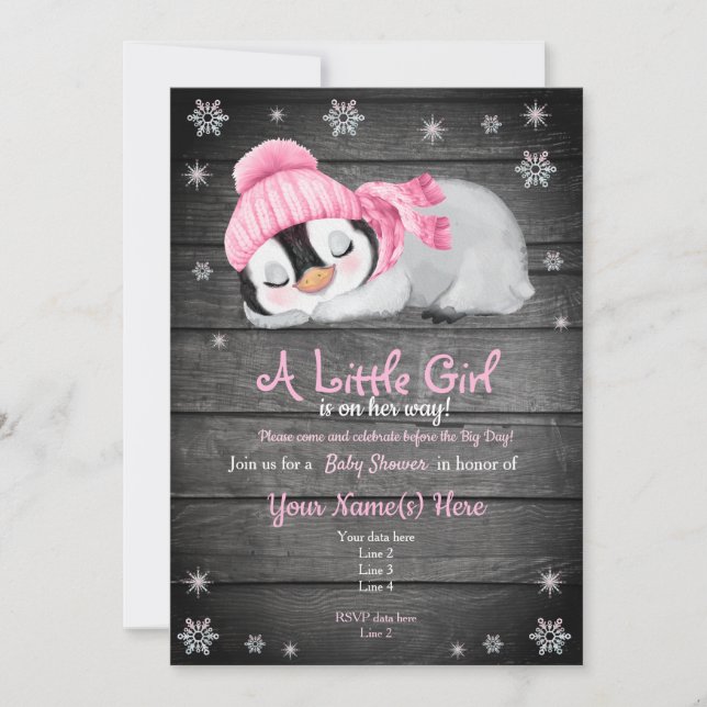Invitación en Baby Shower a Pingüino Rosa, Gorra d (Anverso)